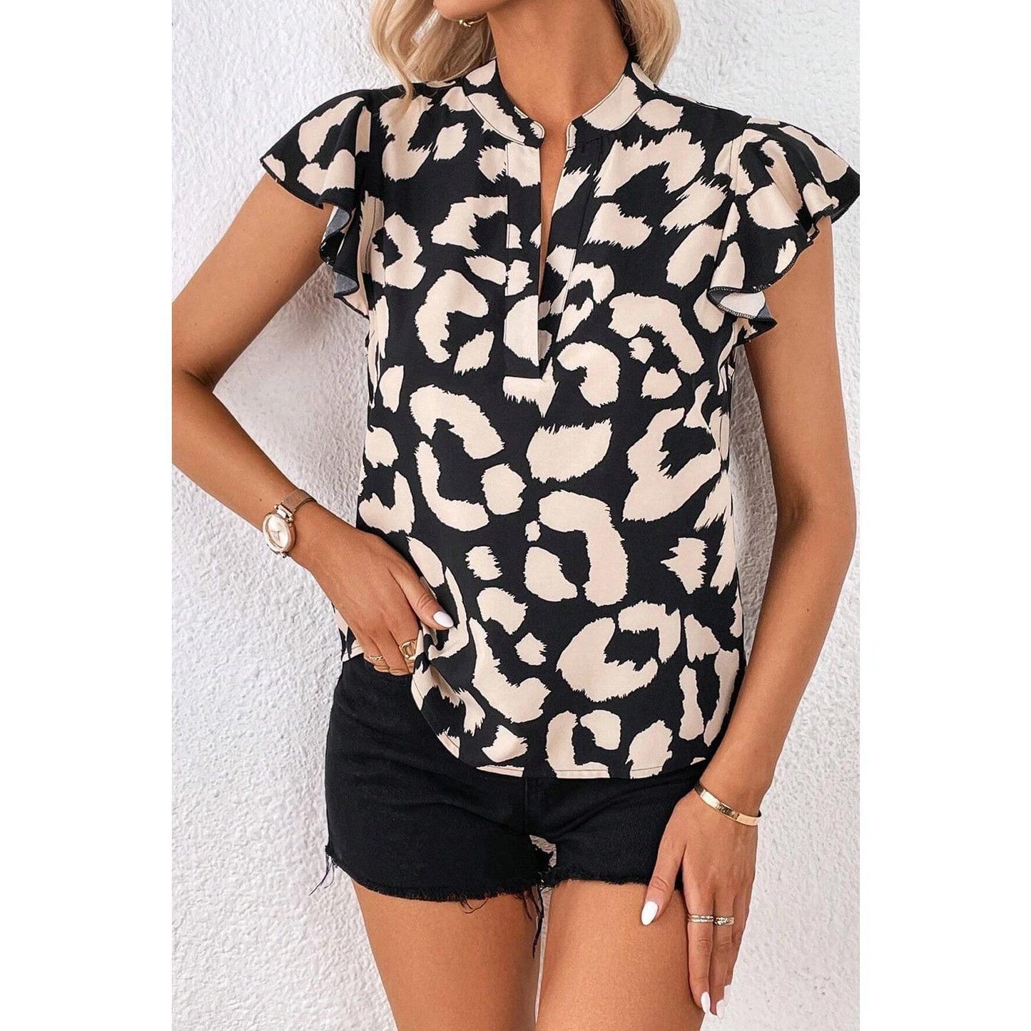 Black Leopard Ruffled Flutter Sleeve Split Neck Blouse Print Sexy Womenswear Animal Feminine Top Shirts Piece