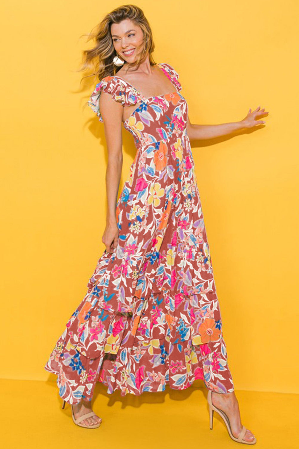 Pink Floral Print Sleeveless Ruffle Tiered Maxi Dress - Scarlett's Riverside Boutique 