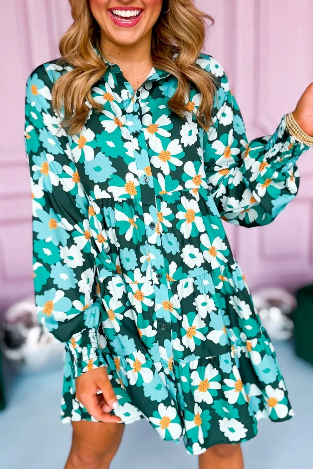 Green Floral Tiered Long Puff Sleeve Shirt Dress - Scarlett's Riverside Boutique 