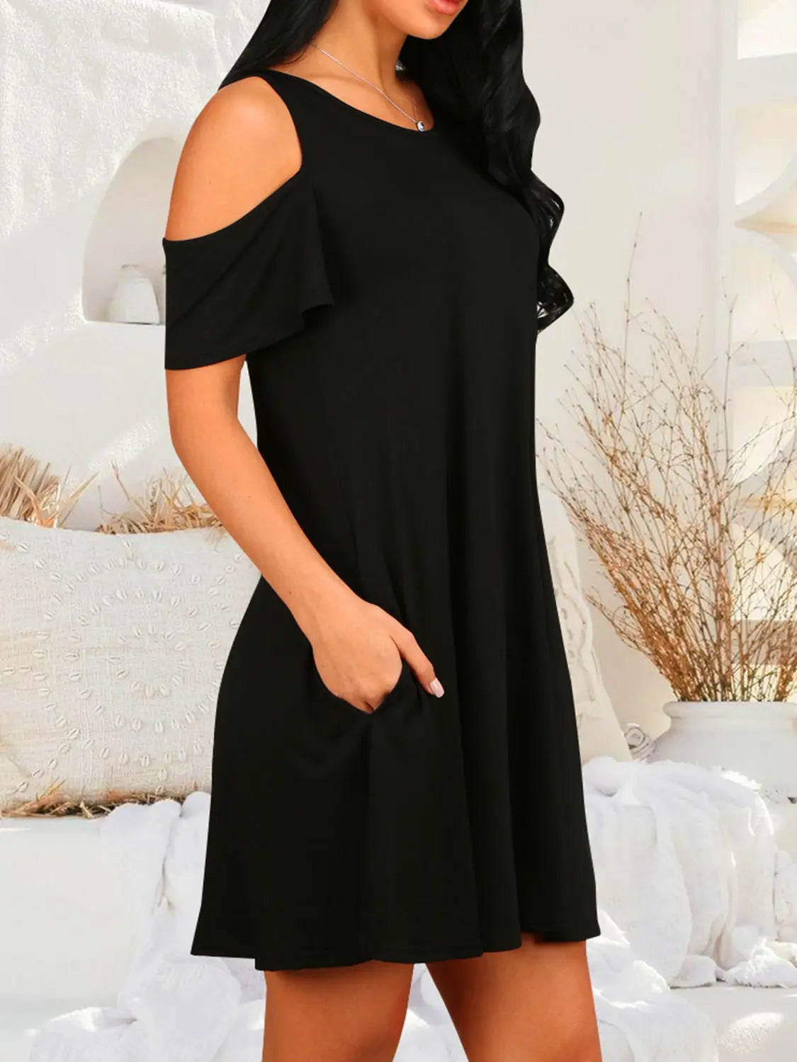 Round Neck Cold Shoulder Short Sleeve Dress - Scarlett's Riverside Boutique 