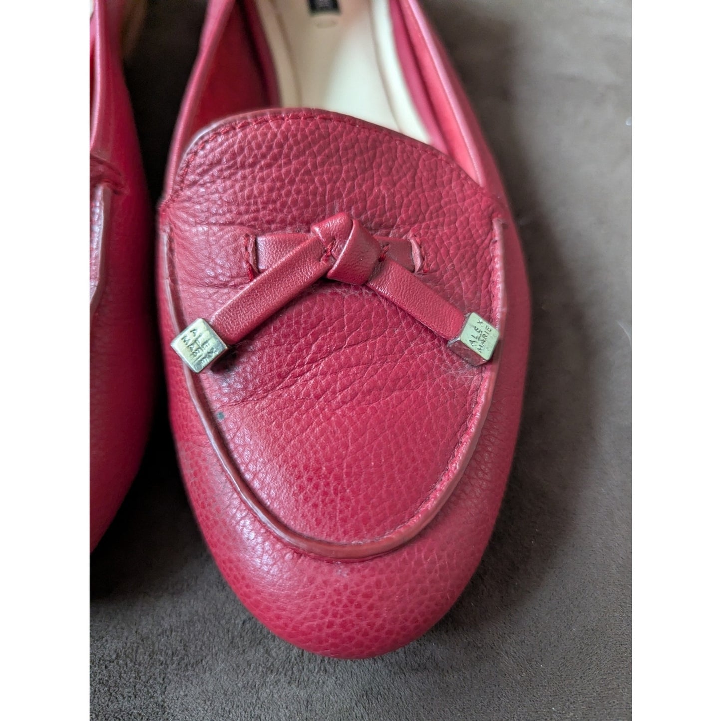 Alex Marie Red Pebbled Leather Loafers Bow Detail Slip On Flats Women’s 6.5
