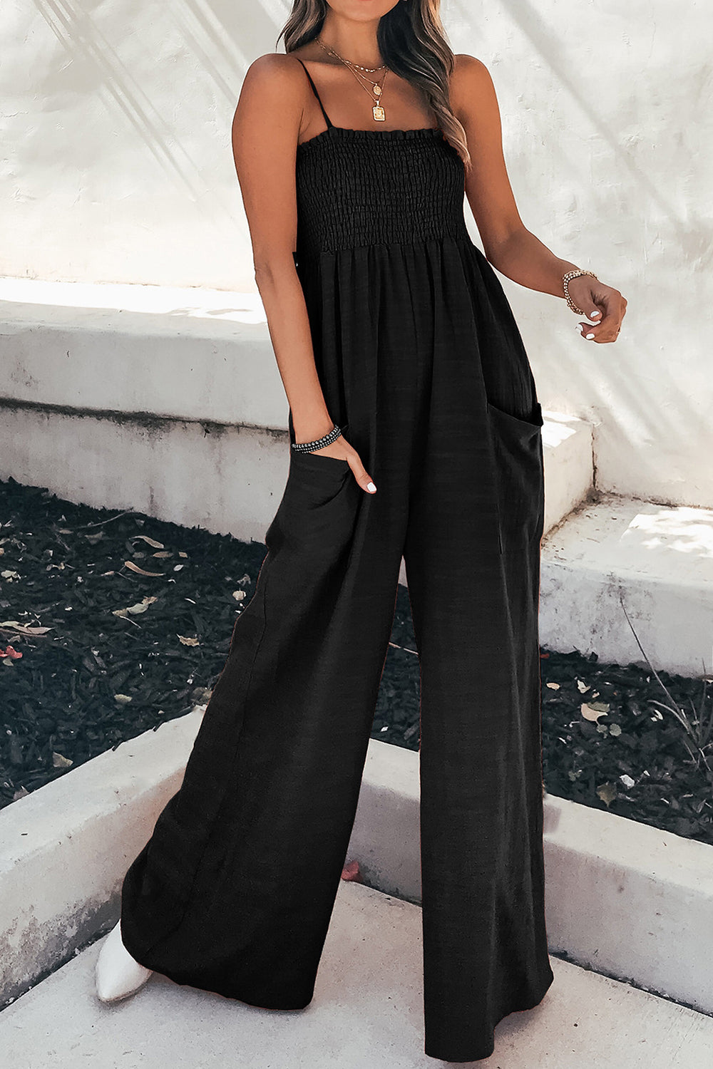 Smocked Spaghetti Strap Wide Leg Jumpsuit - Scarlett's Riverside Boutique 