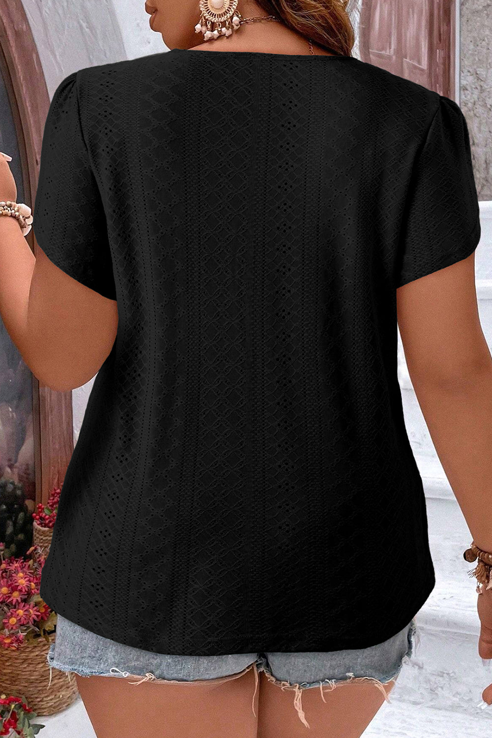 Black Guipure V Neck Plus Size Eyelet Embroidered Top - Scarlett's Riverside Boutique 