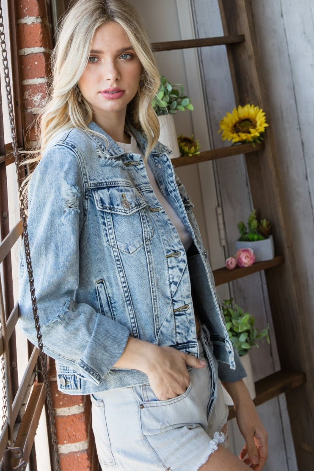 Veveret Distressed Button Up Denim Jacket - Scarlett's Riverside Boutique 