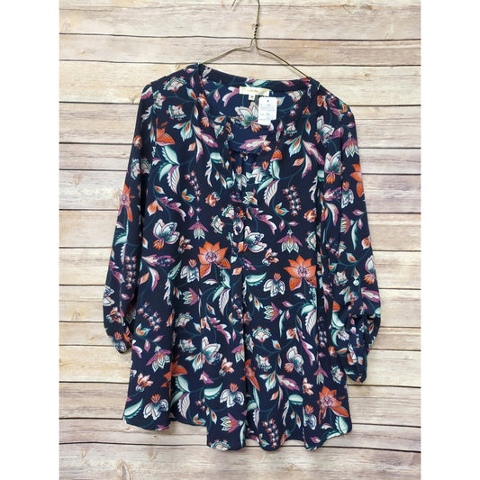 Andree by Unit Floral Peplum Blouse Women Medium Navy Boho 3/4 Sleeve Split Neck