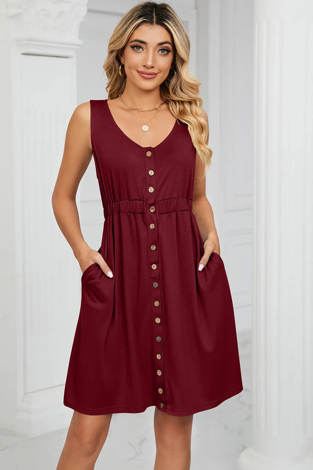 Buttoned Wide Strap Mini Dress - Scarlett's Riverside Boutique 