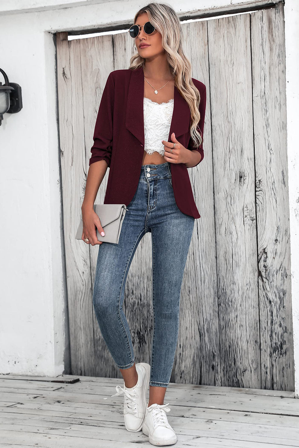 One Button Collared Neck Ruched Sleeve Blazer - Scarlett's Riverside Boutique 