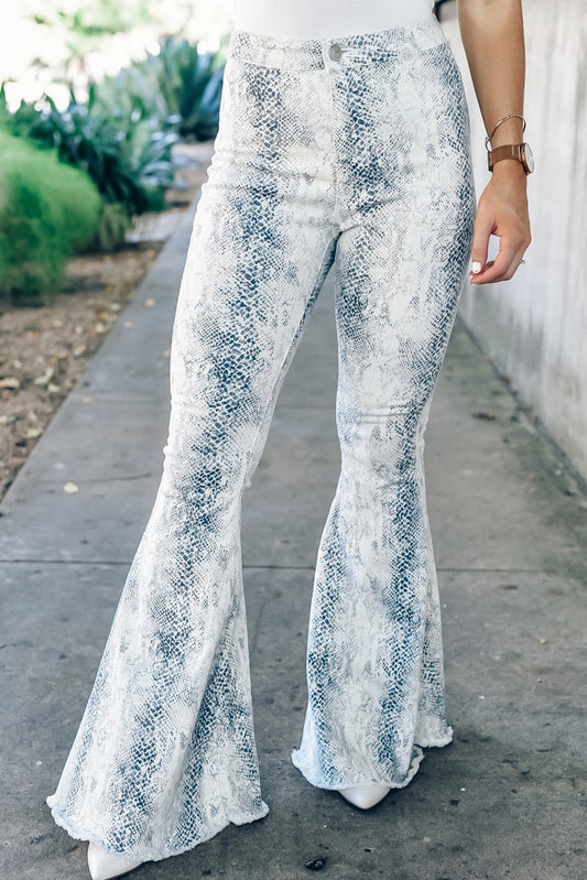 White Western Fashion High Waist Snakeskin Print Flare Pants - Scarlett's Riverside Boutique 