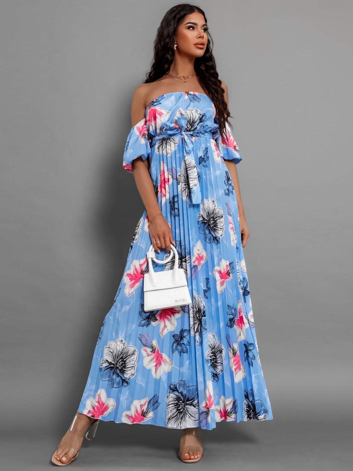 Pleated Floral Off-Shoulder Short Sleeve Midi Dress - Scarlett's Riverside Boutique 