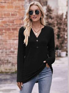 Double Take Buttoned Notched Neck Long Sleeve Top Casual Womenswear Solid Comfort