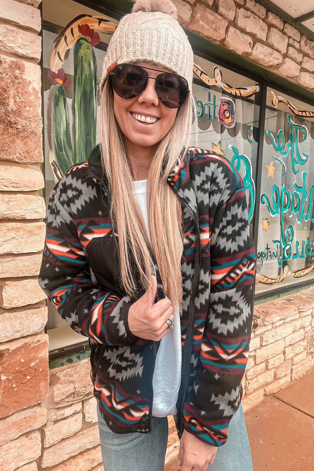 Black Aztec Printed Zip Up Collar Jacket - Scarlett's Riverside Boutique 