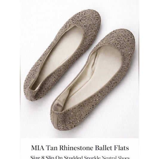 MIA Tan Rhinestone Ballet Flats Size 8 Slip On Studded Sparkle Neutral Shoes