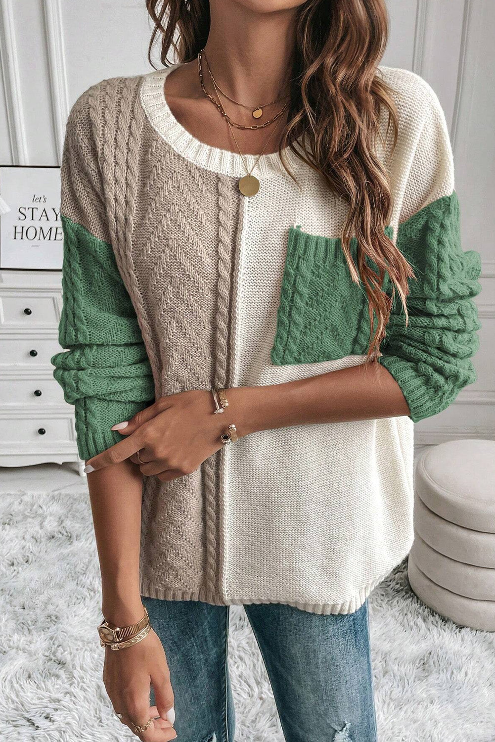 Vineyard Green Colorblock Patched Pocket Drop Shoulder Sweater - Scarlett's Riverside Boutique 