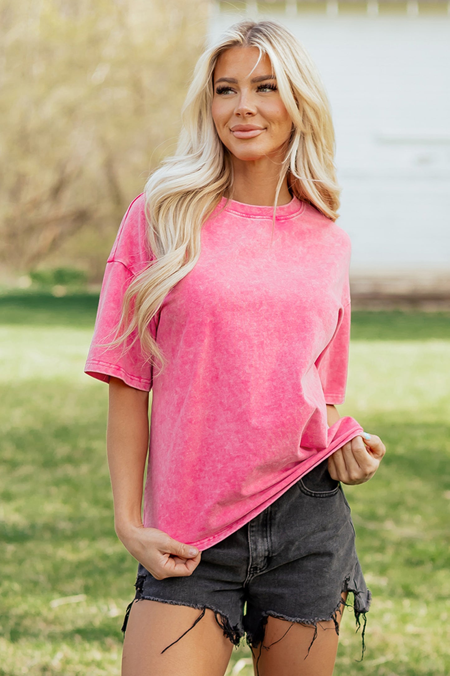 Sachet Pink Mineral Washed Oversized Cotton Tee Womens Casual Short Sleeve Relaxed Top