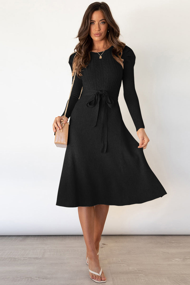 Round Neck Long Sleeve Tie Waist Sweater Dress - Scarlett's Riverside Boutique 