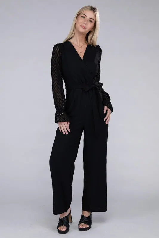 Sheer sleeve and Wide leg Jumpsuit - Scarlett's Riverside Boutique 