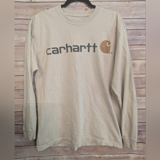 Carhartt Long Sleeve T-Shirt Tan Beige Graphic Tee Relaxed Fit Workwear Sz M