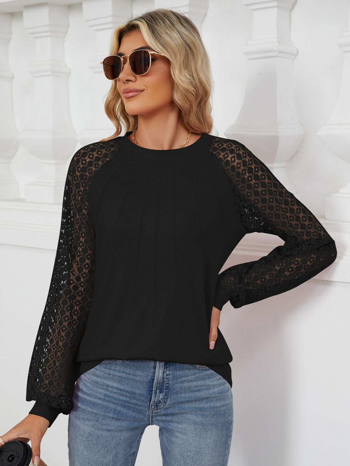 Round Neck Lace Long Sleeve Top - Scarlett's Riverside Boutique 