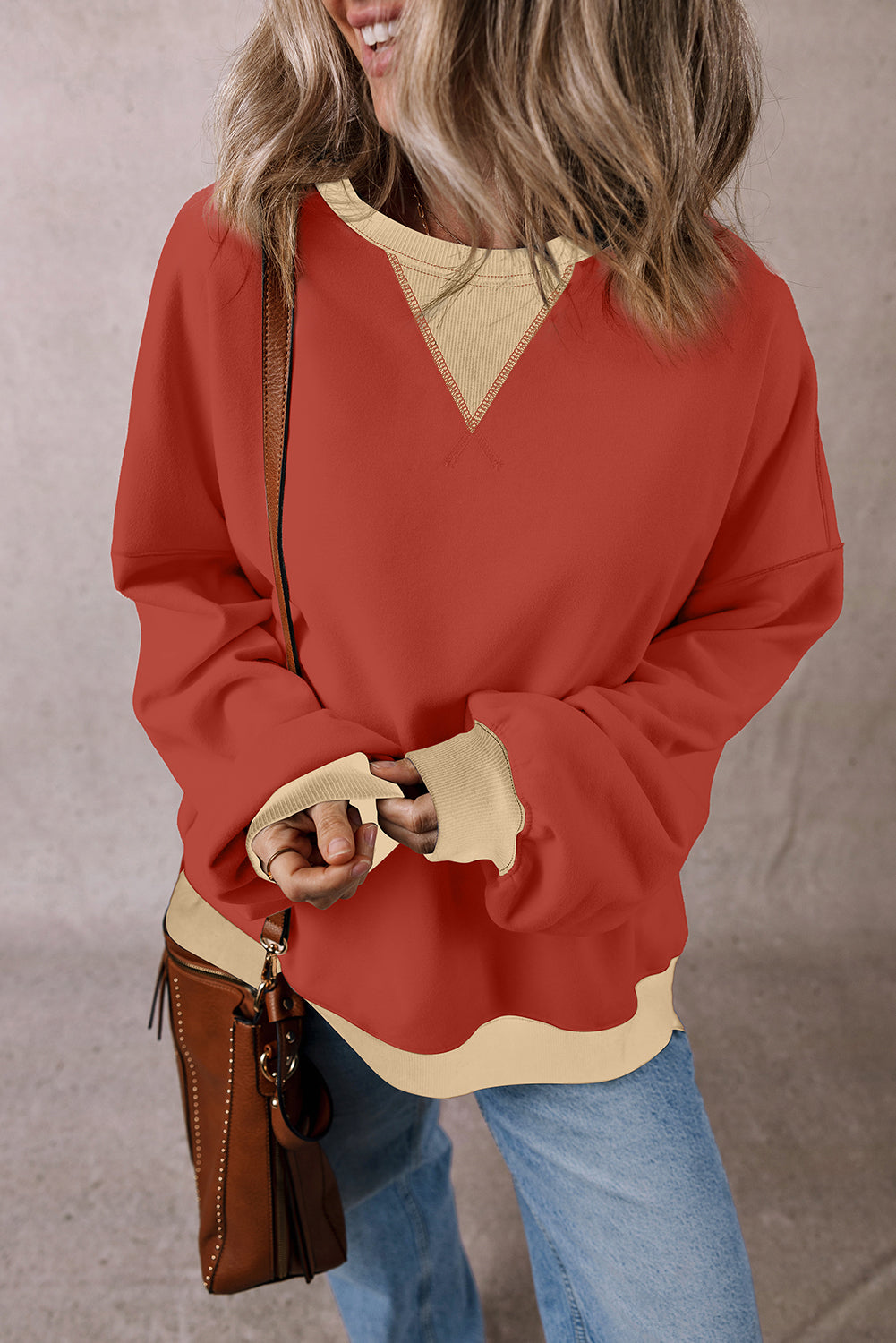 Red Clay Color Block Patch Drop Shoulder Oversized Sweatshirt - Scarlett's Riverside Boutique 