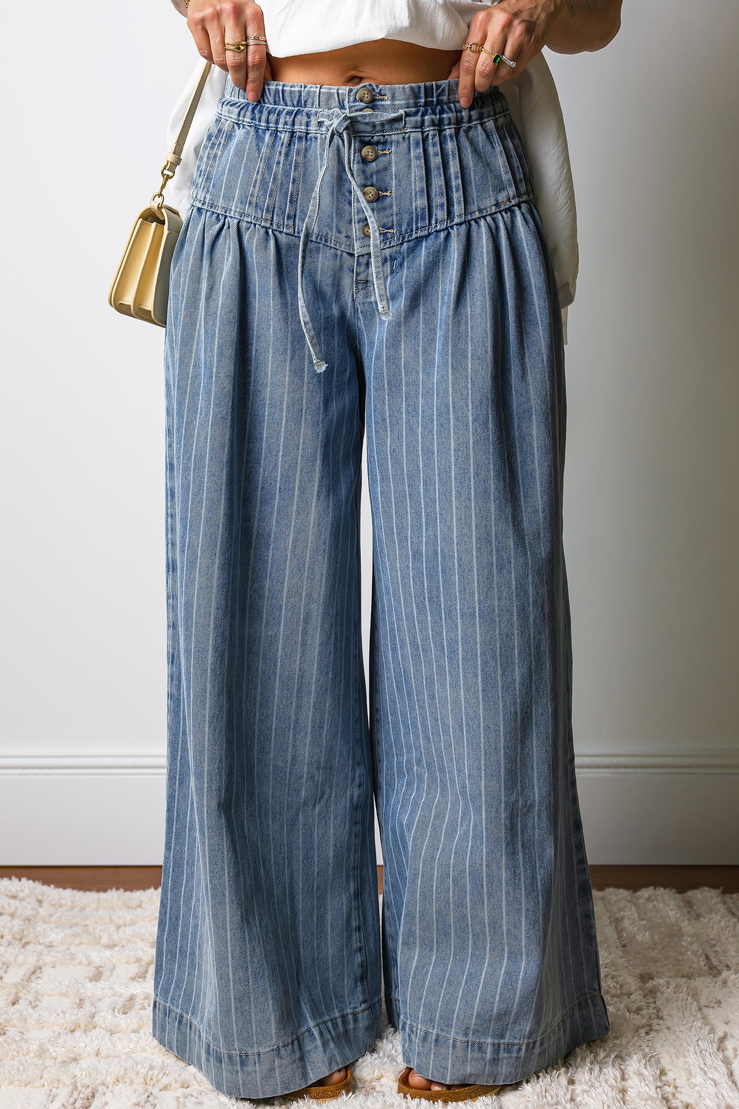 Blue Stripe Pleated Drawstring Casual Wide Leg Jeans. Boho pants