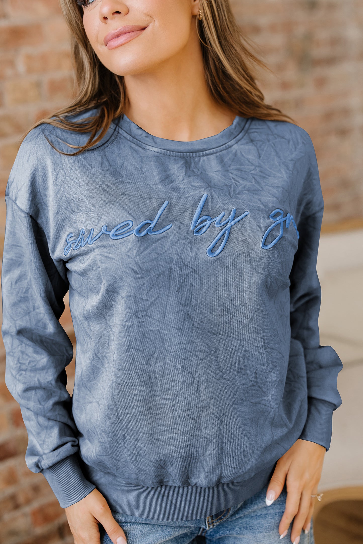 Mineral Red saved by grace Letter Embroidery Mineral Wash Loose Sweatshirt