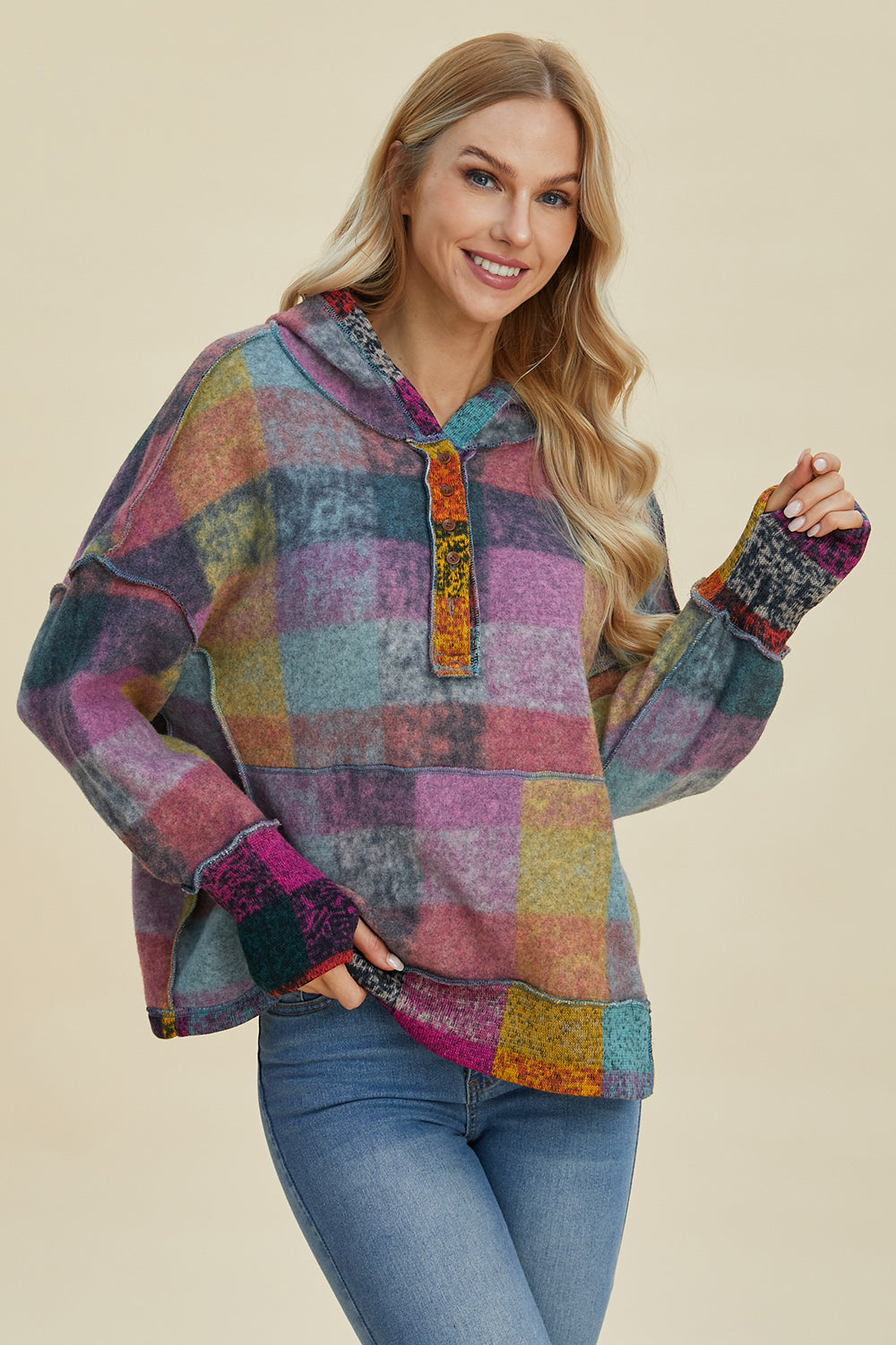 Double Take Full Size Plaid Dropped Shoulder Hoodie - Scarlett's Riverside Boutique 