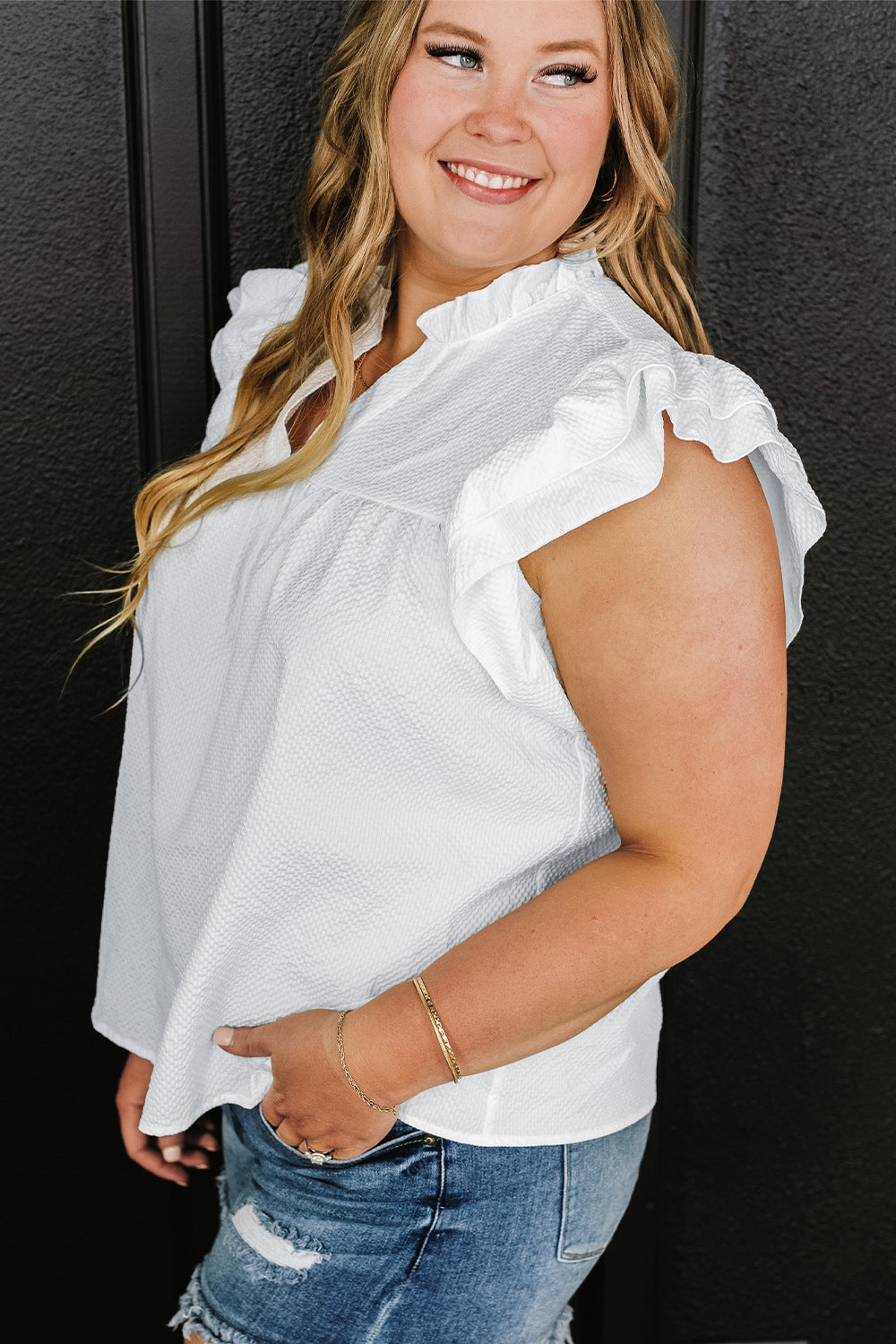 Plus Size Ruffled Notched Cap Sleeve Blouse - Scarlett's Riverside Boutique 