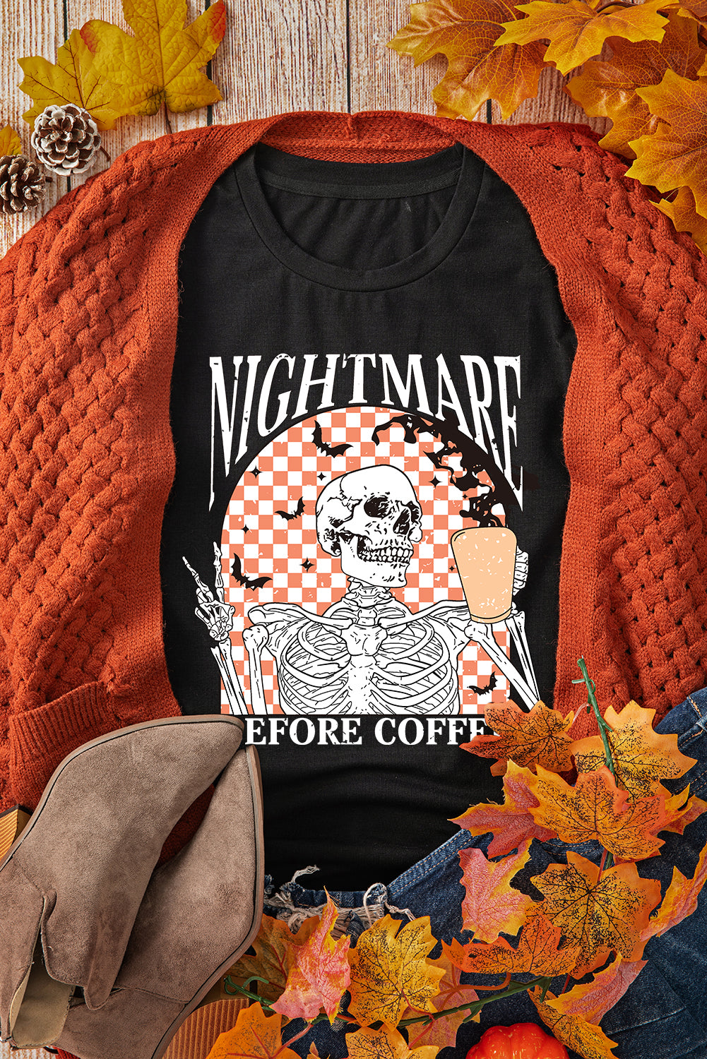 Black Nightmare Before Coffee Skull Checkerboard Graphic Halloween Tee - Scarlett's Riverside Boutique 