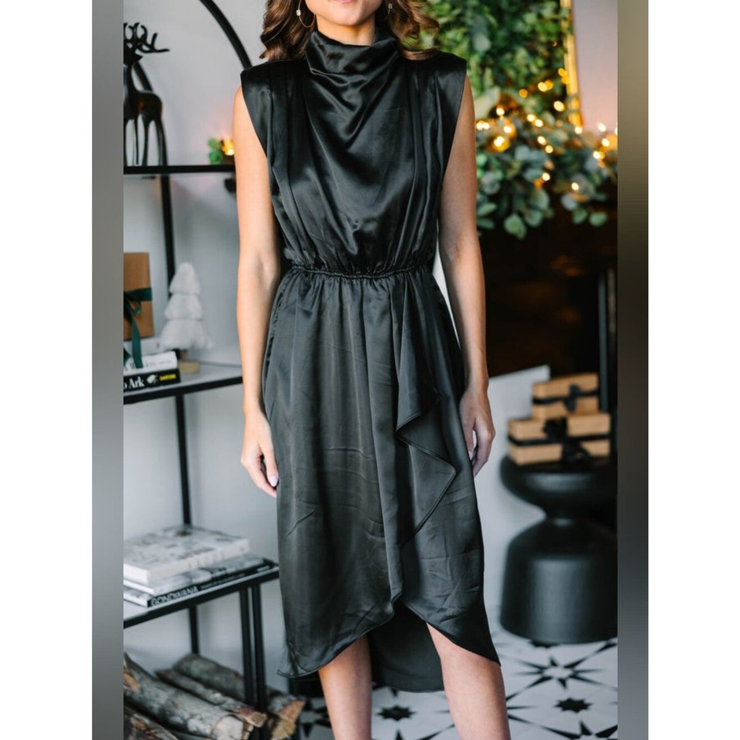 Entro Black Mini Dress Women’s Large Mock Neck Sleeveless Wrap Ruffle Hem