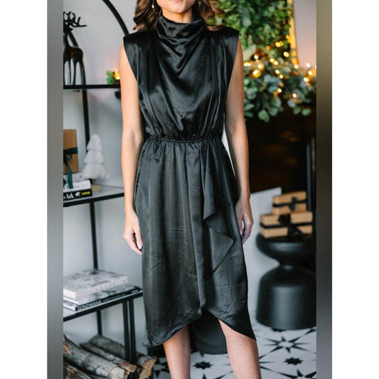 Entro Black Mini Dress Women’s Large Mock Neck Sleeveless Wrap Ruffle Hem