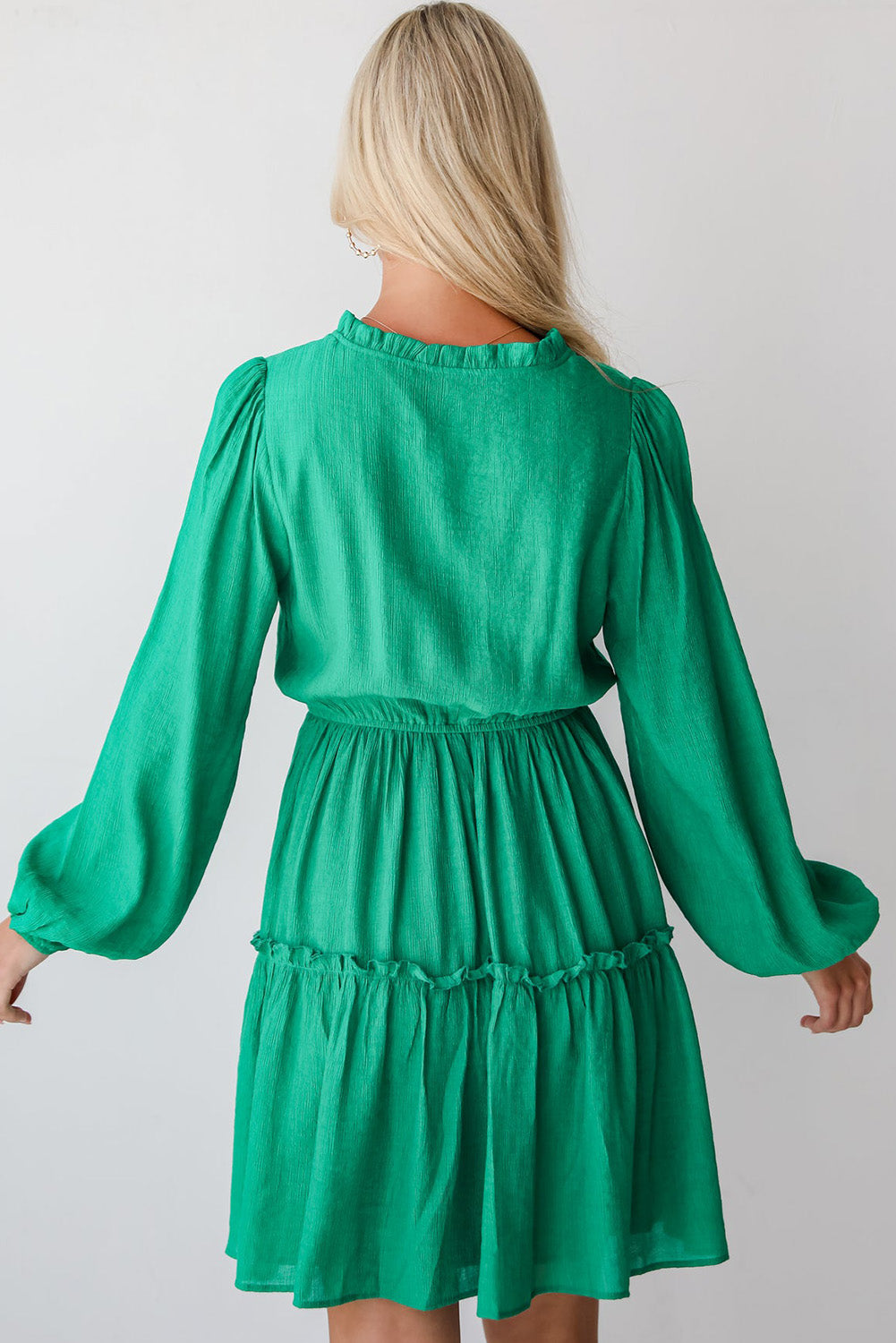 Sea Green Frilly V Neck Puff Sleeve Drawstring Shift Mini Dress - Scarlett's Riverside Boutique 