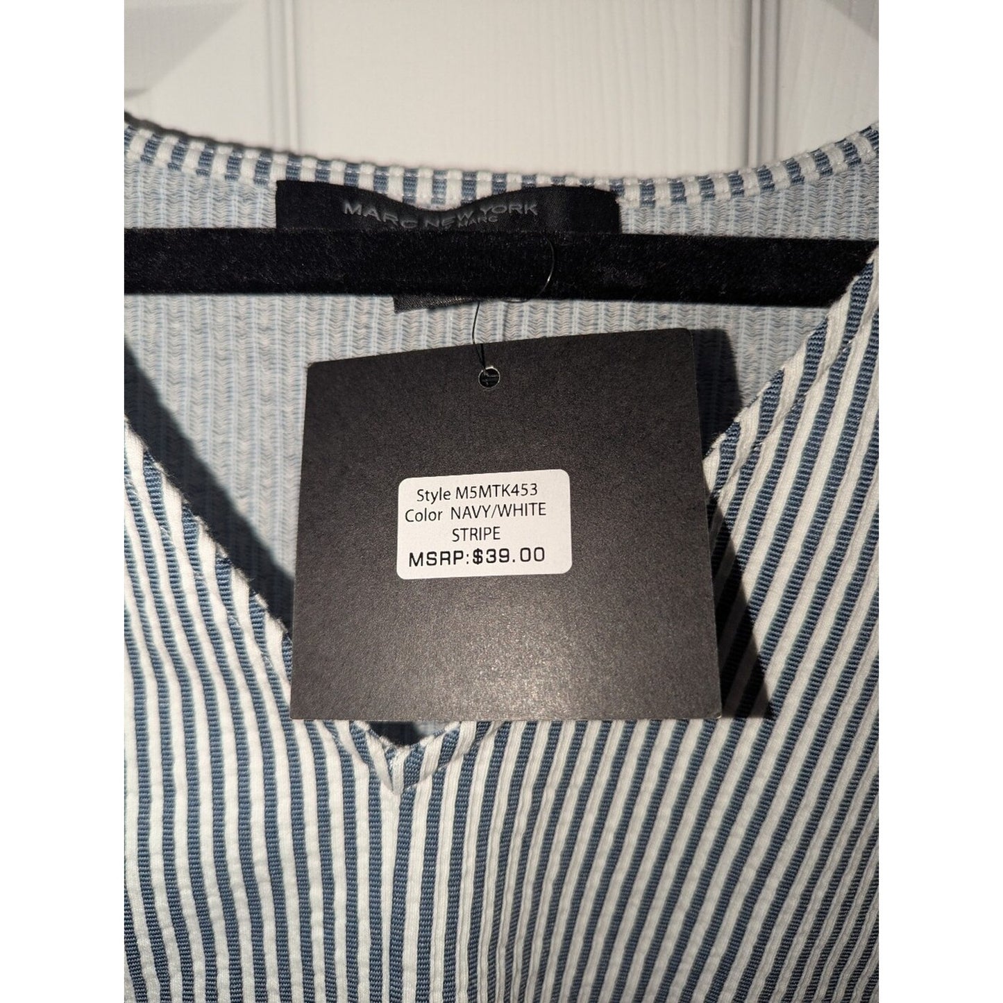 Marc New York Andrew Marc Womens M Navy White Stripe V Neck Boxy Top NWT
