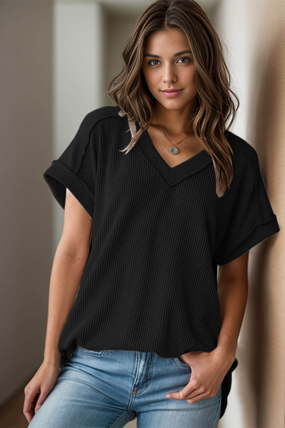 Textured V-Neck Short Sleeve Top - Scarlett's Riverside Boutique 