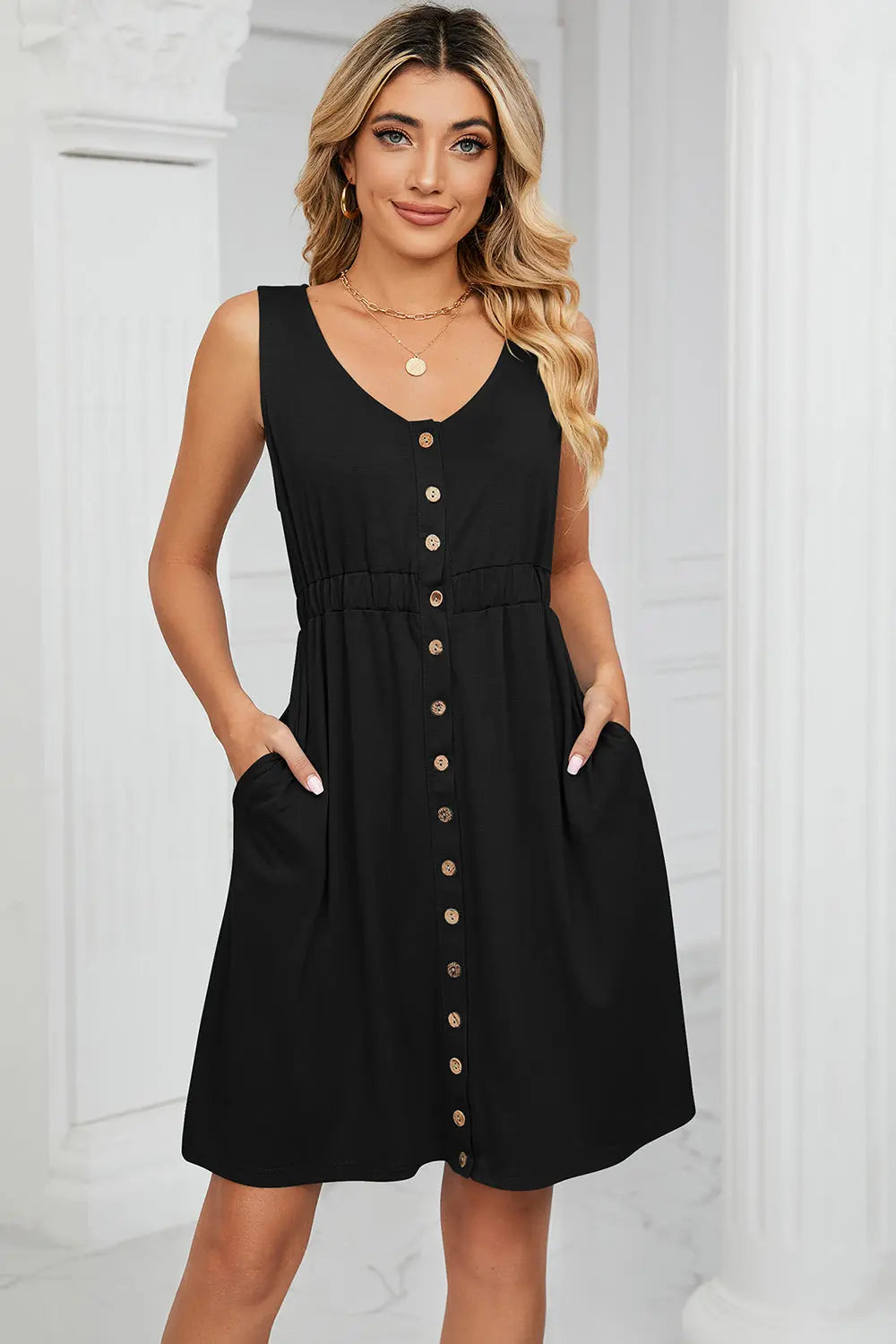 Buttoned Wide Strap Mini Dress - Scarlett's Riverside Boutique 