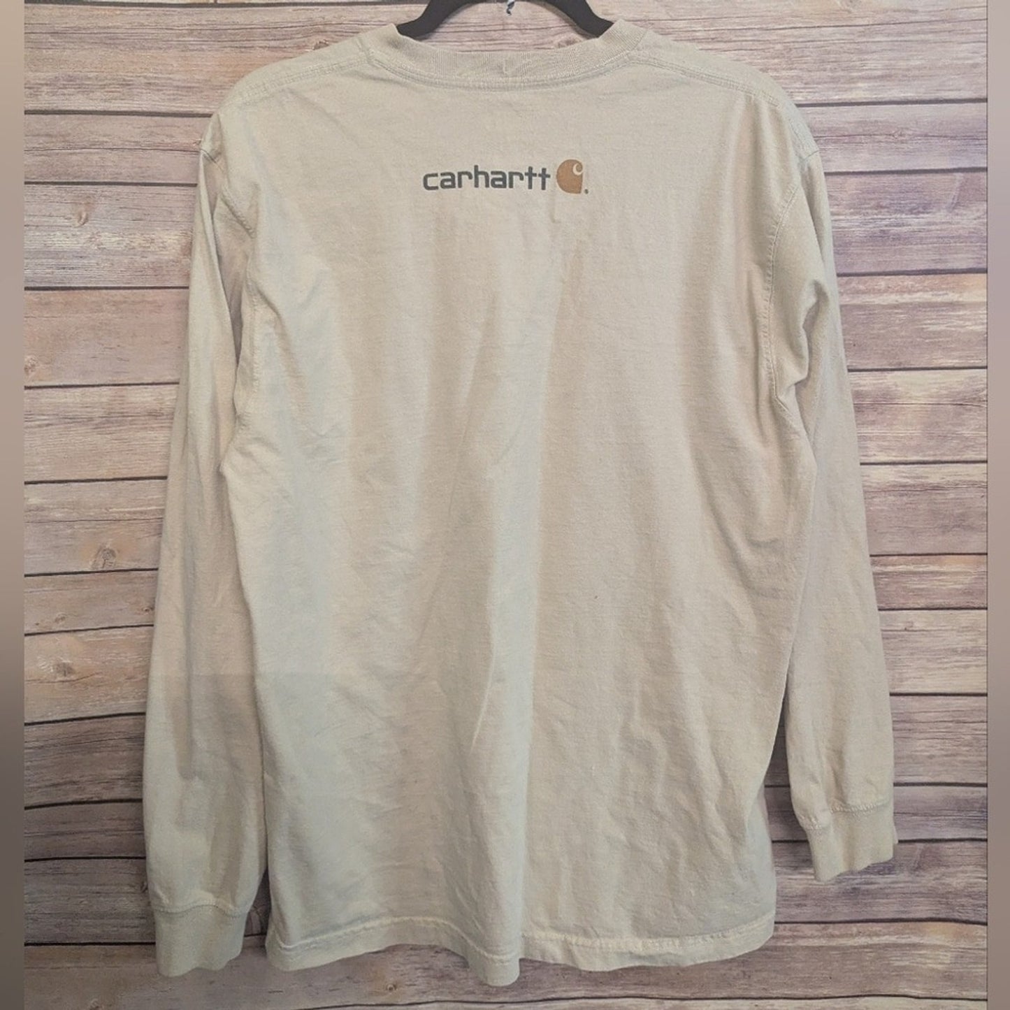 Carhartt Long Sleeve T-Shirt Tan Beige Graphic Tee Relaxed Fit Workwear Sz M