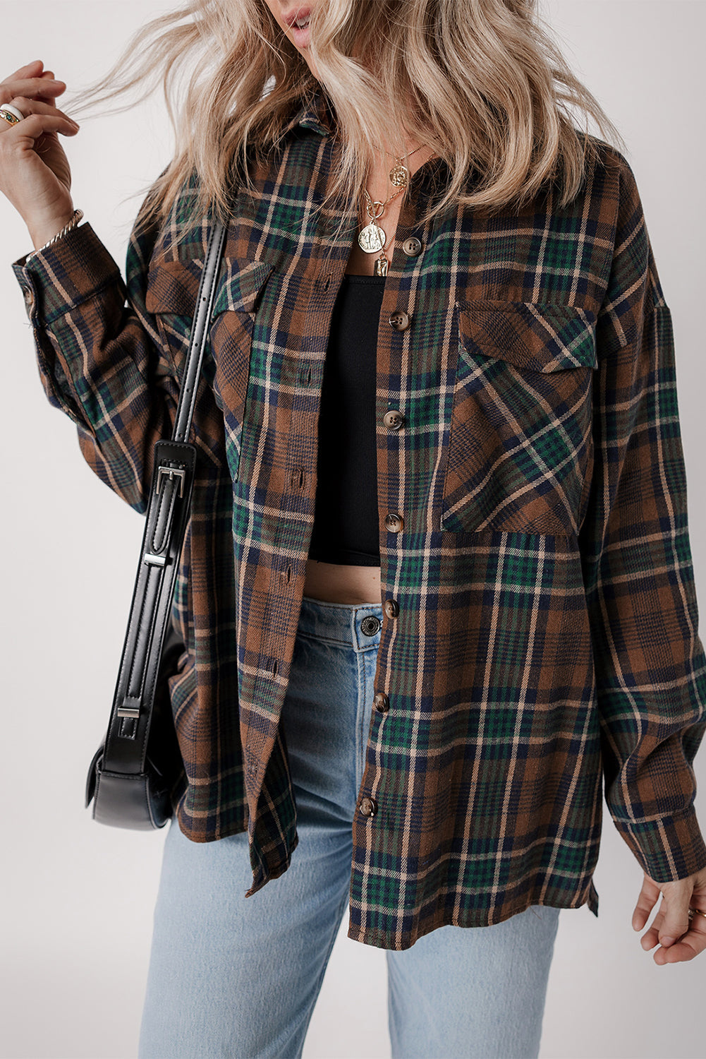 Brown Plaid Print Chest Pockets Buttoned Shirt Jacket - Scarlett's Riverside Boutique 