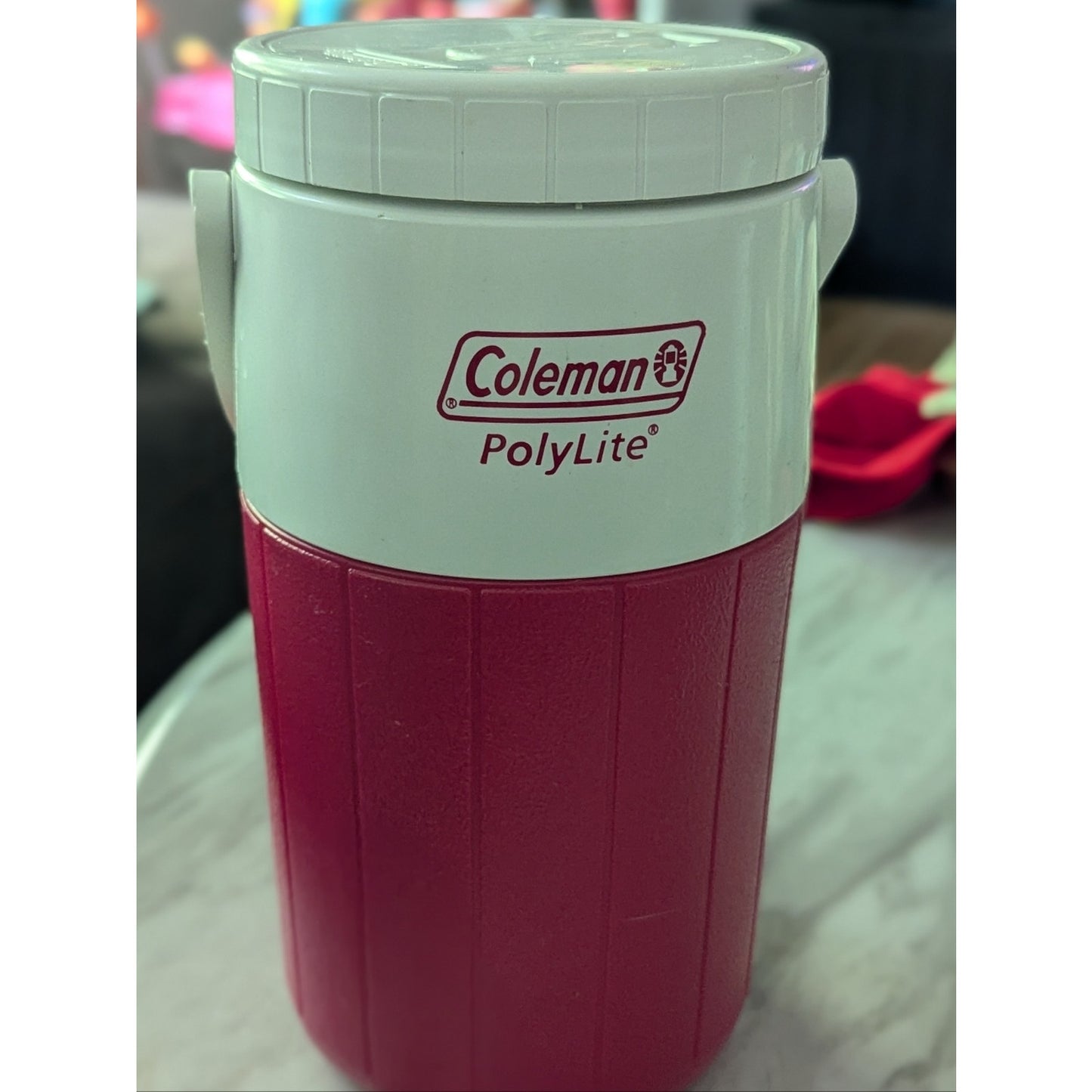 Coleman Red White Insulated Water Jug Cooler Drink Dispenser Handle Lid Vintage