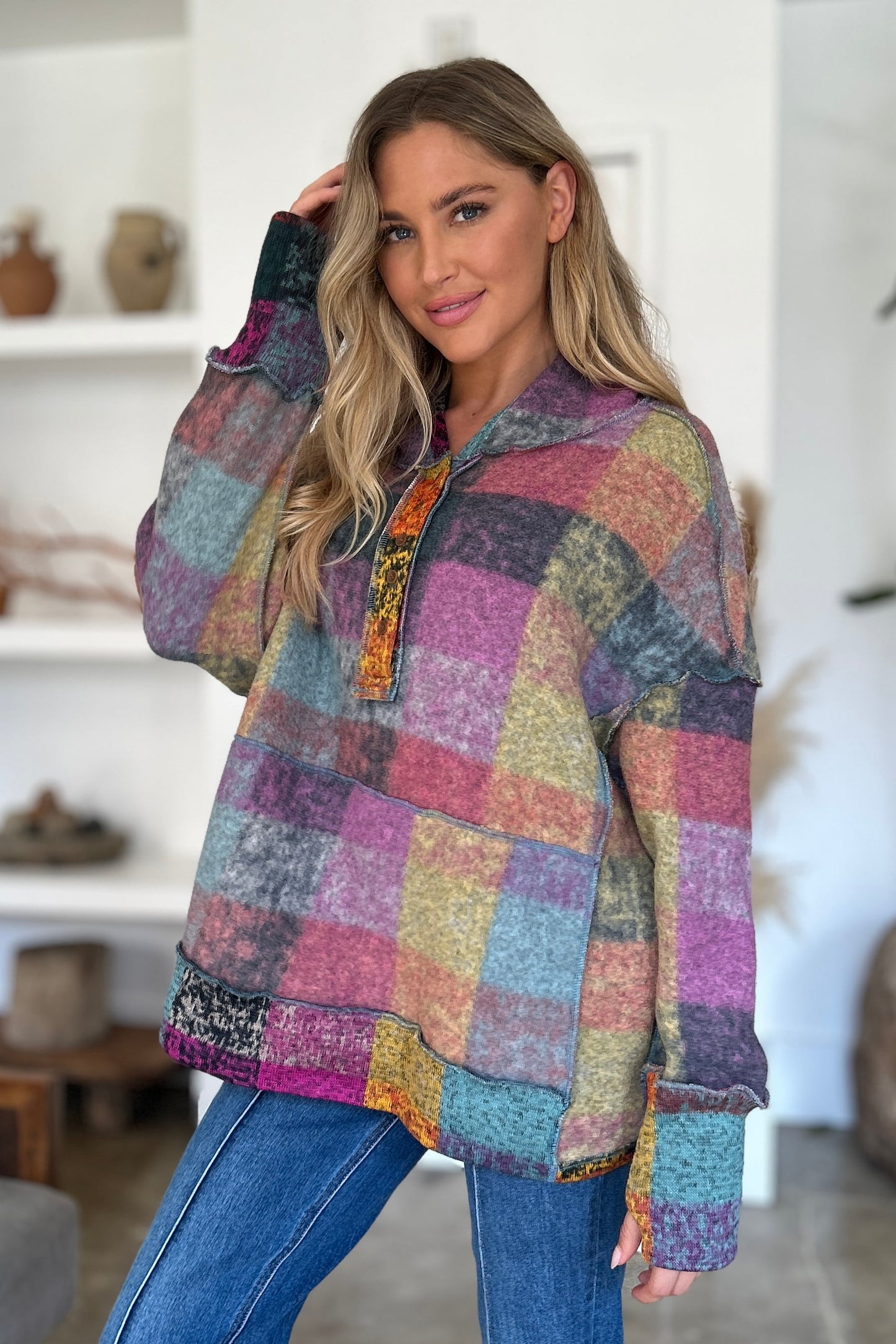 Double Take Full Size Plaid Dropped Shoulder Hoodie - Scarlett's Riverside Boutique 