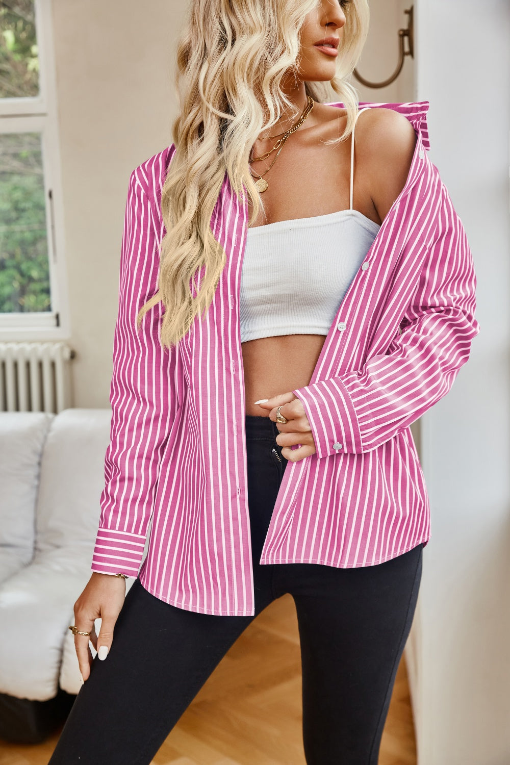 Striped Button Up Long Sleeve Shirt - Scarlett's Riverside Boutique 