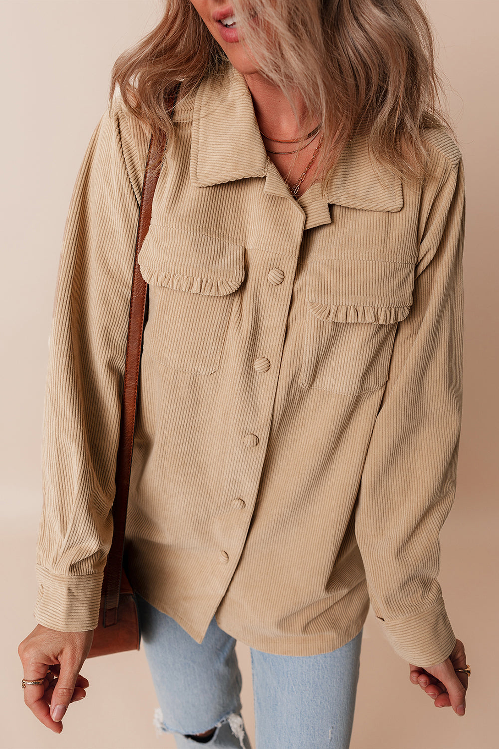 Light French Beige Solid Frilled Flap Pocket Button Up Corduroy Shacket - Scarlett's Riverside Boutique 