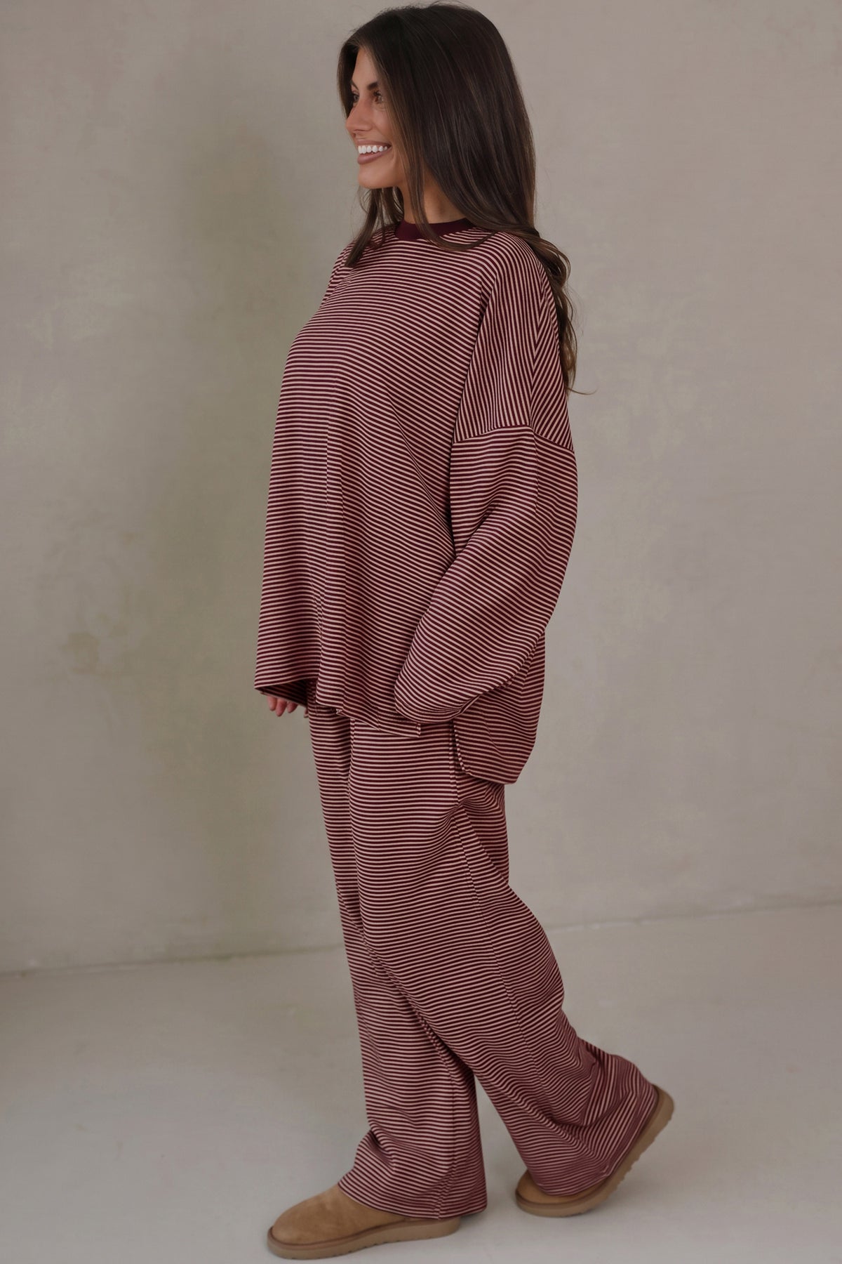 Blue Stripe Contrast Trim Round Neck Oversize Long Sleeve Top 2pcs Pant Set