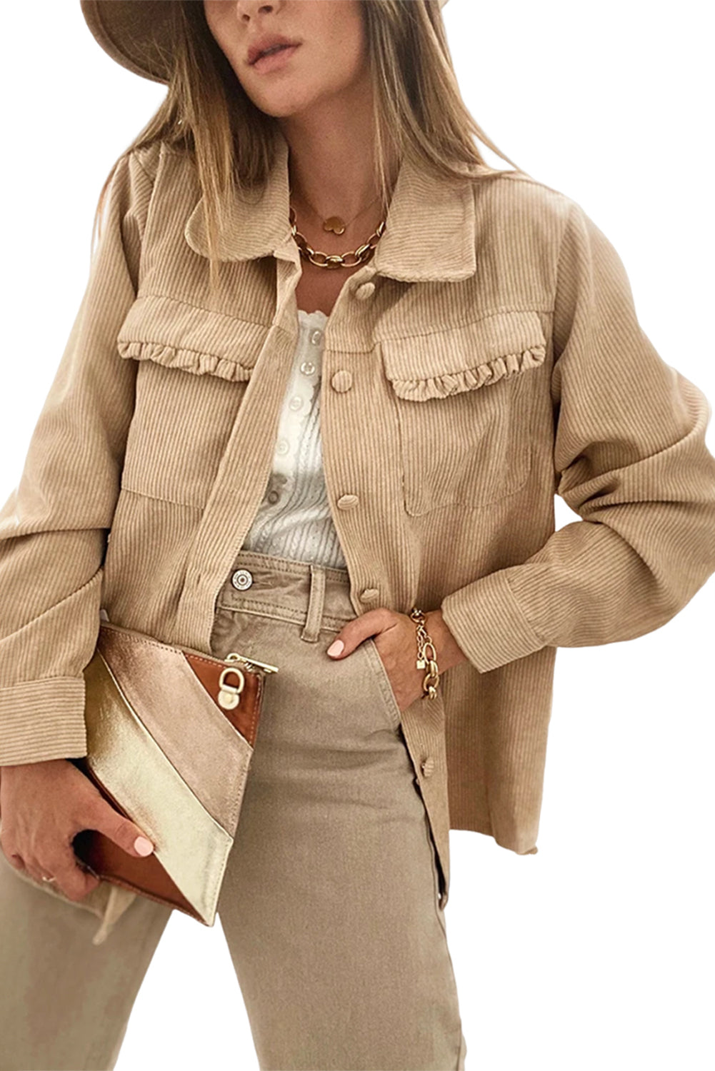 Light French Beige Solid Frilled Flap Pocket Button Up Corduroy Shacket - Scarlett's Riverside Boutique 