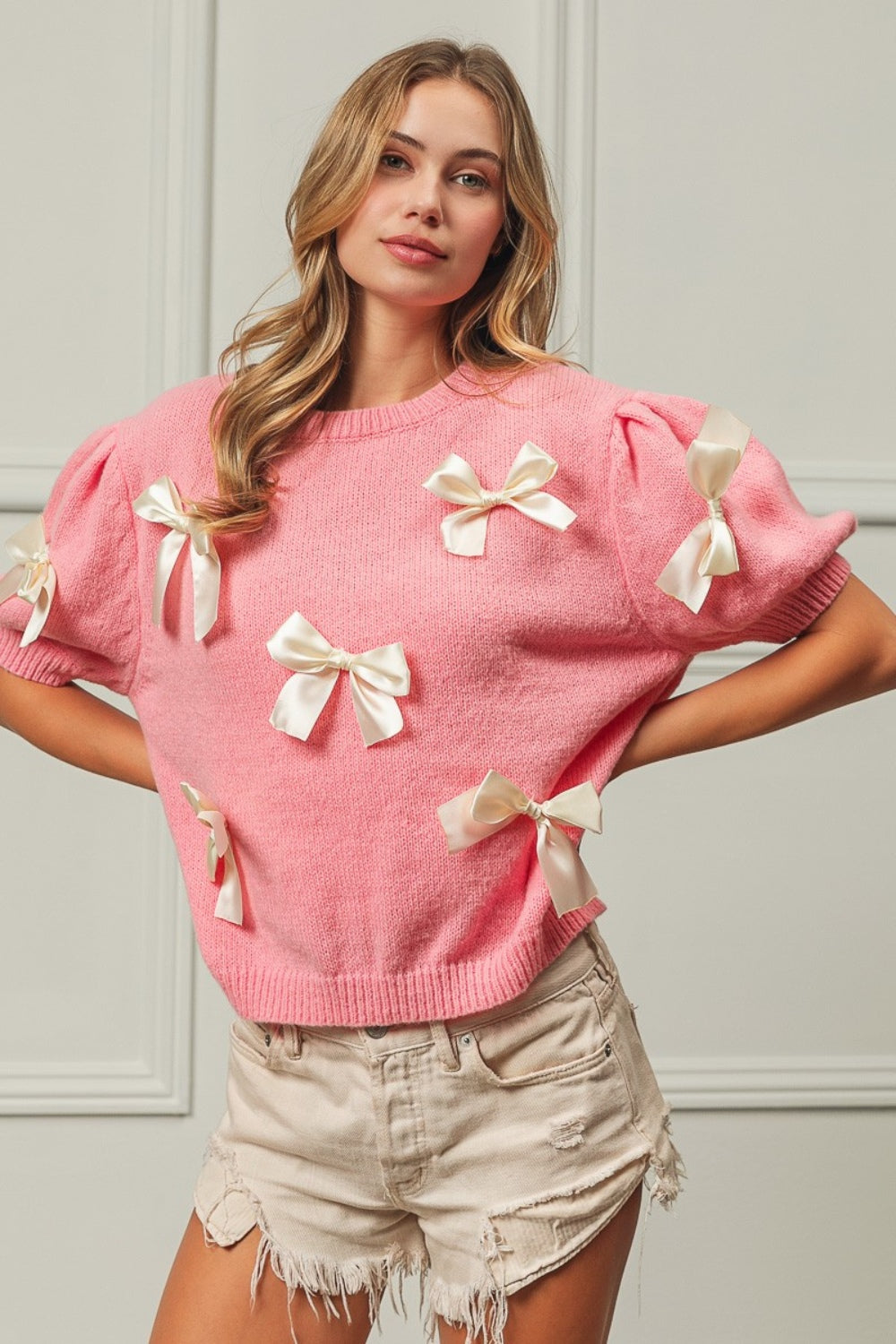 BiBi Ribbon Bow Detail Puff Sleeve Sweater - Scarlett's Riverside Boutique 