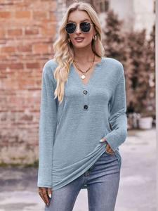 Double Take Buttoned Notched Neck Long Sleeve Top Casual Womenswear Solid Comfort