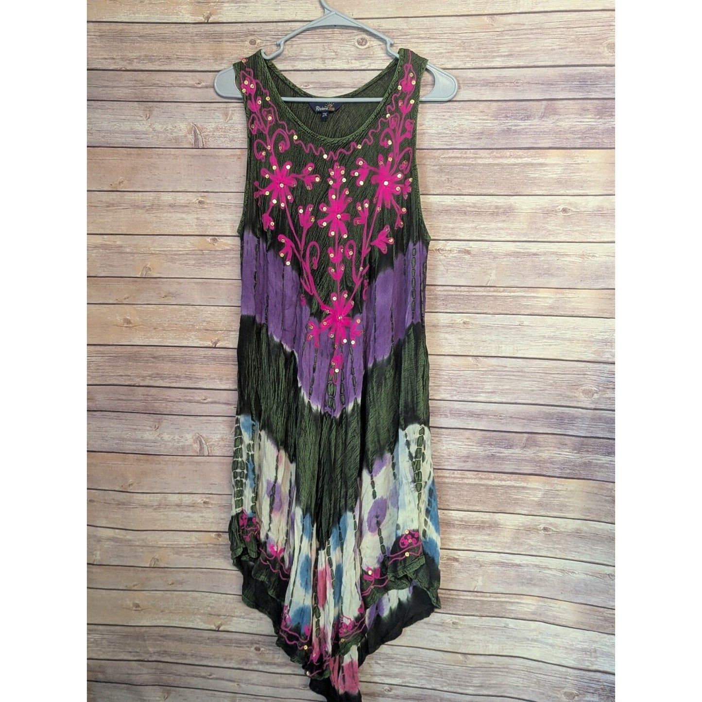 Riviera Sun Dress Women’s 2X Plus Size Tie Dye Embroidered Sequin Boho Sundress