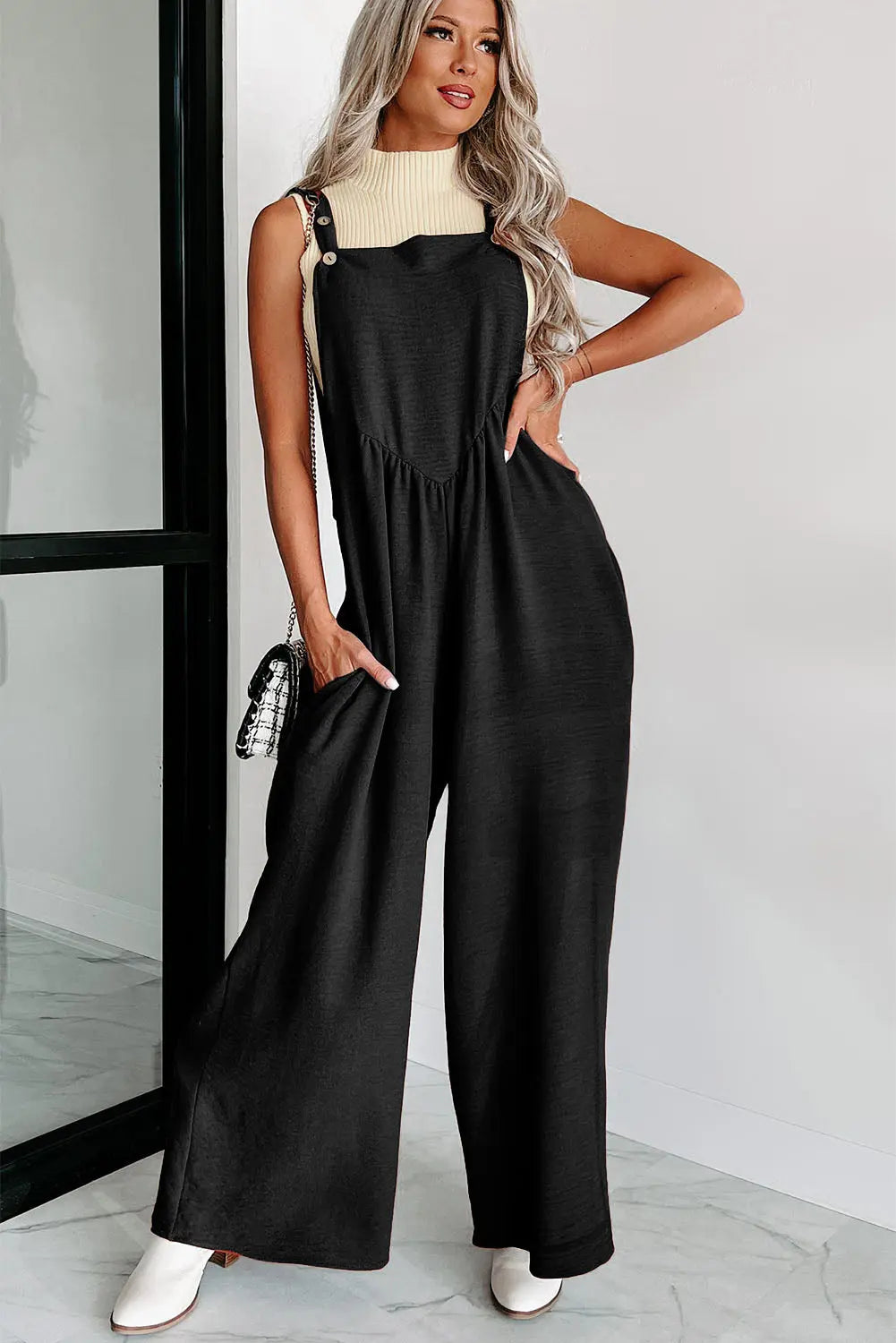 Black Textured Buttoned Straps Ruched Wide Leg Jumpsuit - Scarlett's Riverside Boutique 