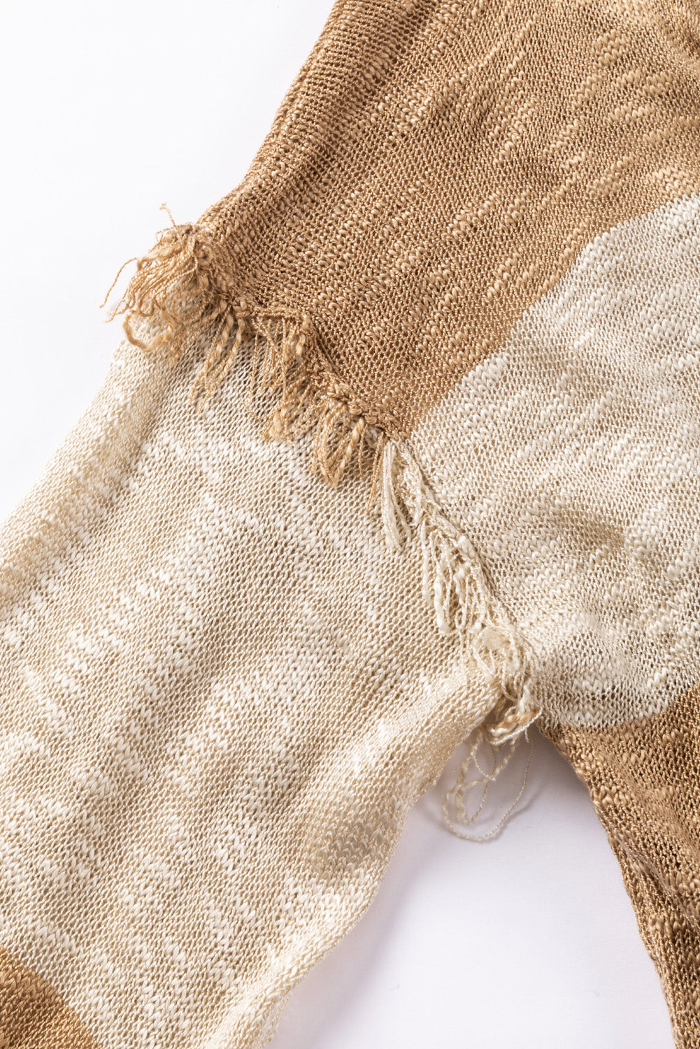 Khaki Stripe Lantern Sleeve Fringed Open Cardigan