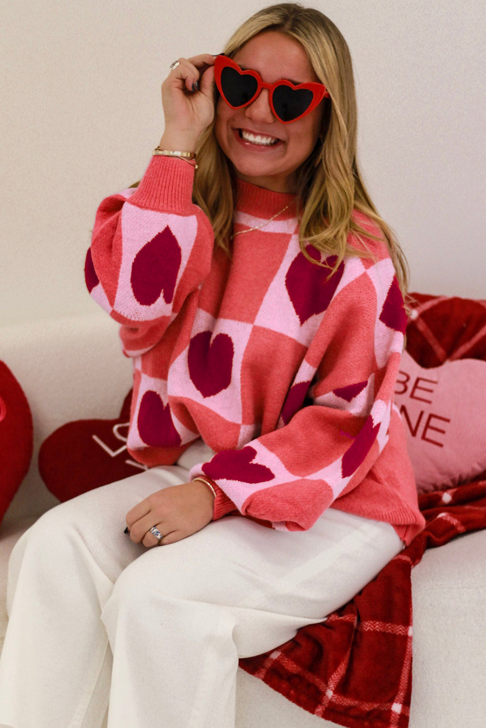 Pink Plus Size Love Heart Block Mock Neck Lantern Sleeve Valentine's Sweater