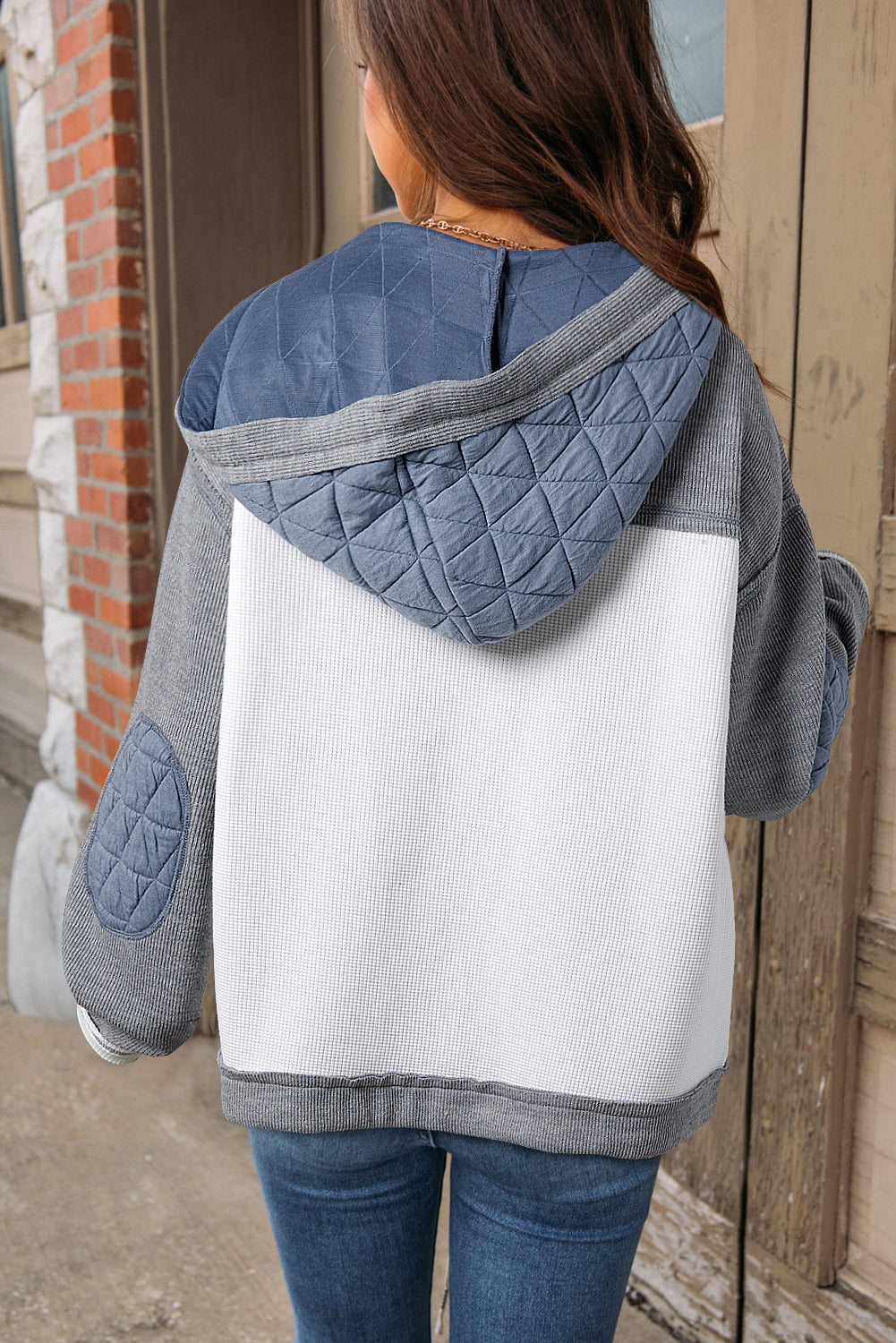 Light Blue Quilted Textured Patchwork Loose Fit Hooded Jacket - Scarlett's Riverside Boutique 