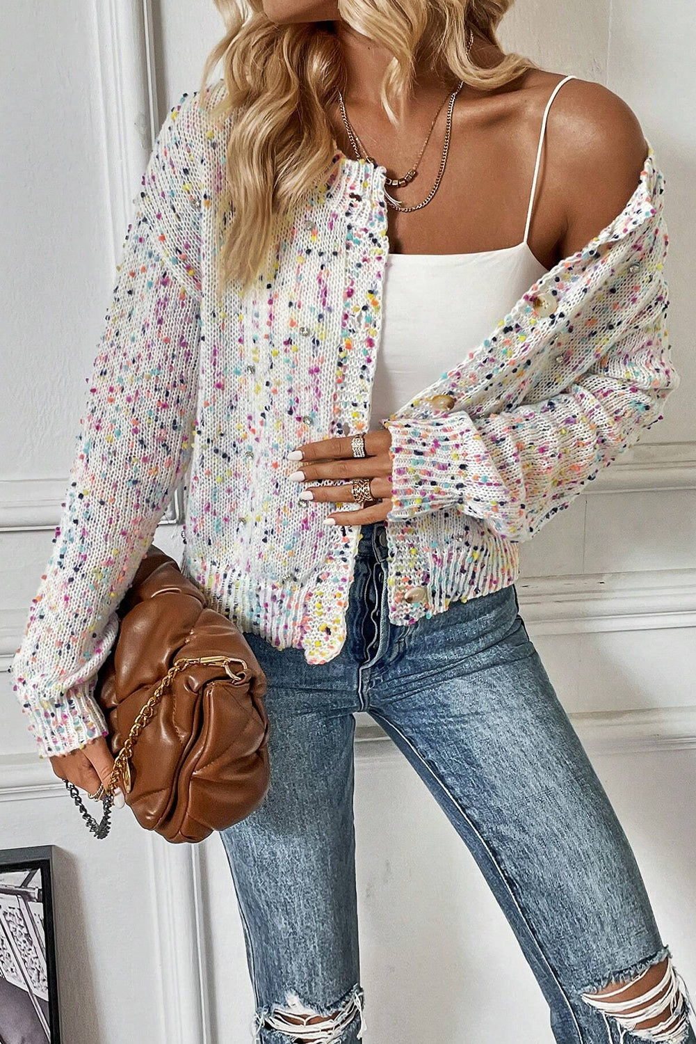 White Multicolor Confetti Sweater Cardigan - Scarlett's Riverside Boutique 